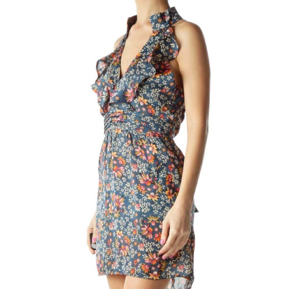 Sweet Candy Blue Flower Print High Neck Day Dress - Picture 2 of 3